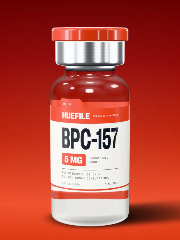BPC-157 5 mg vial with a vermilion label and cap