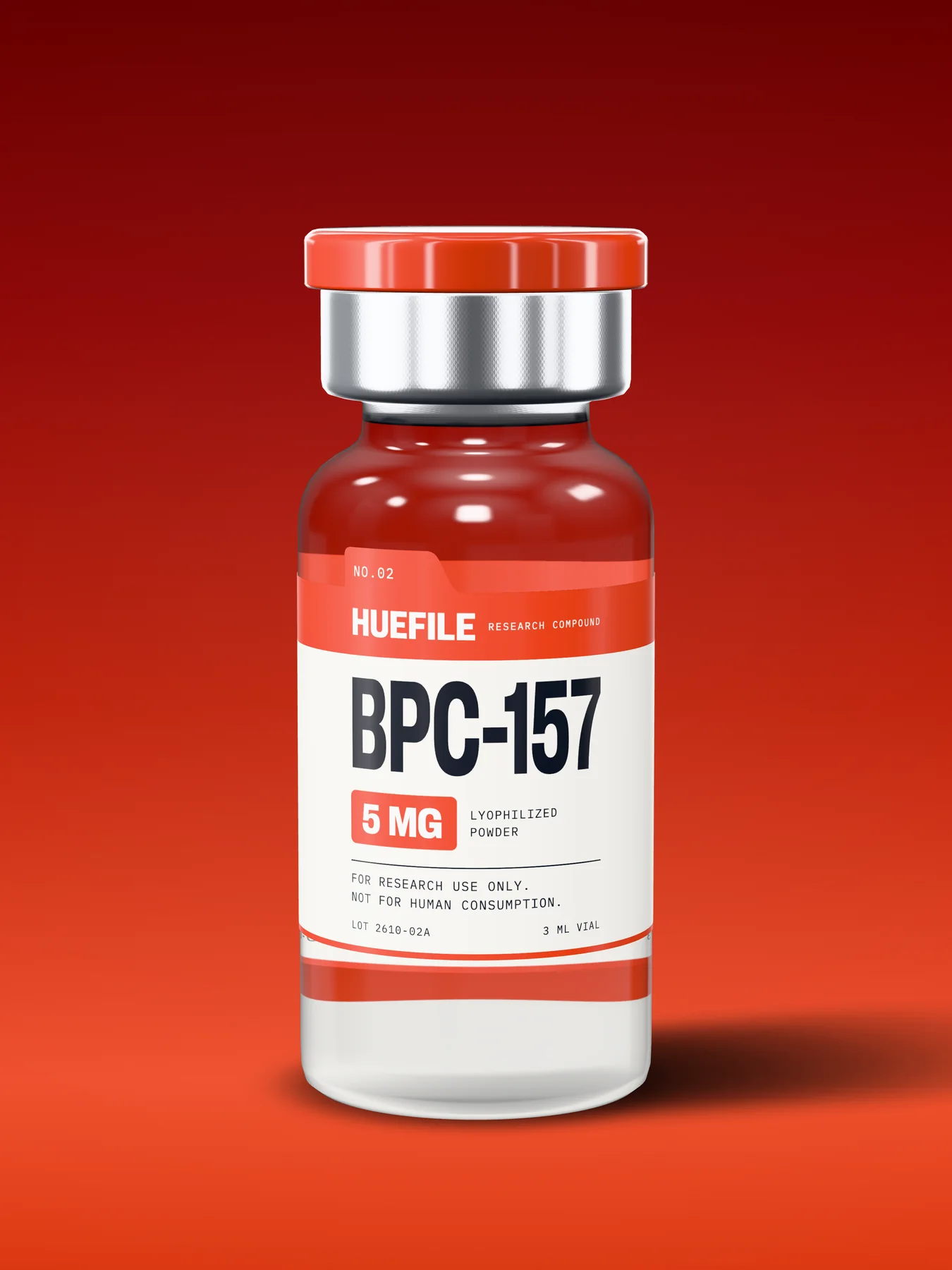 BPC-157 5 mg vial with a vermilion label and cap