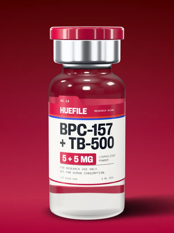 BPC-157 + TB-500 5 + 5 mg vial with a crimson label and cap