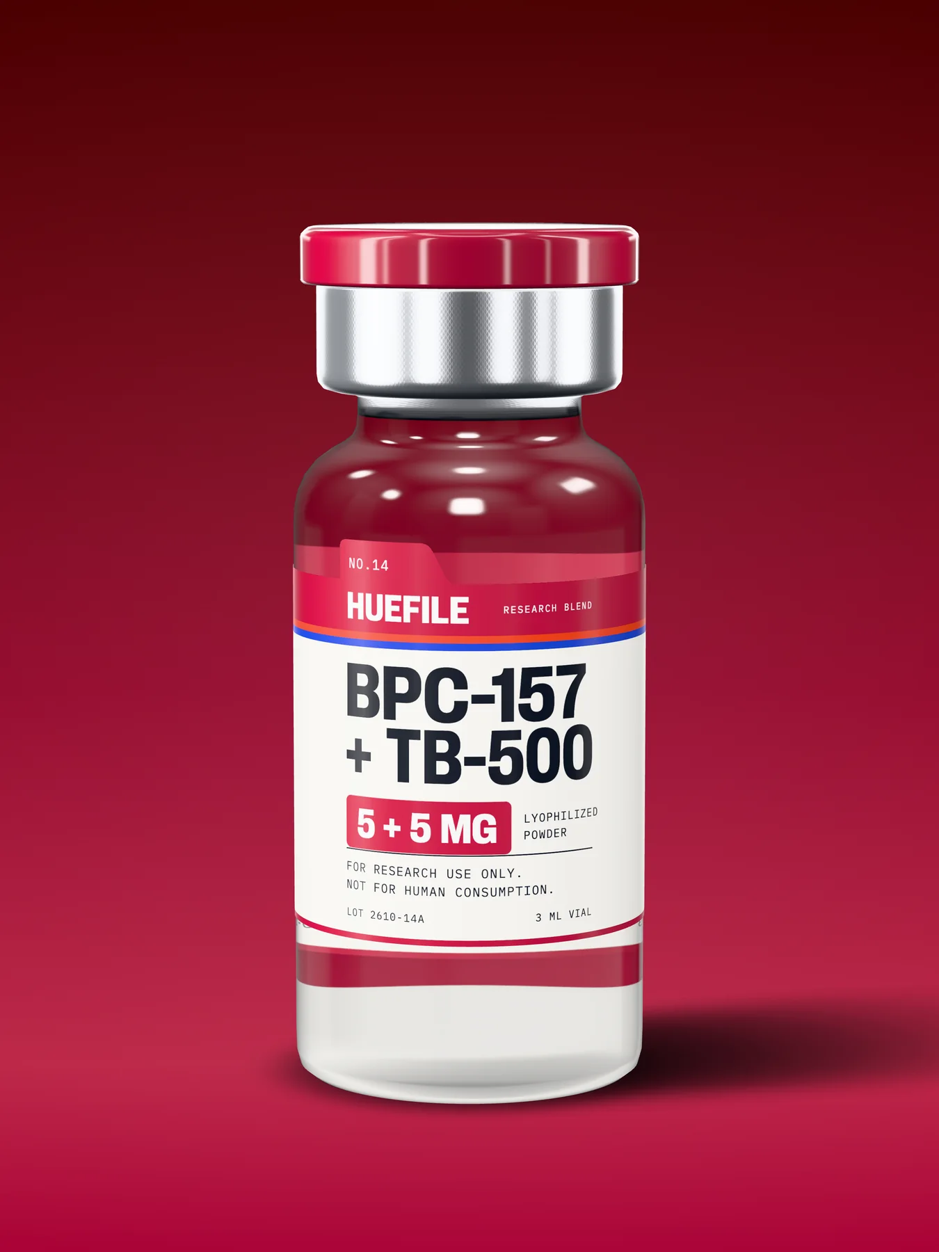 BPC-157 + TB-500 5 + 5 mg vial with a crimson label and cap