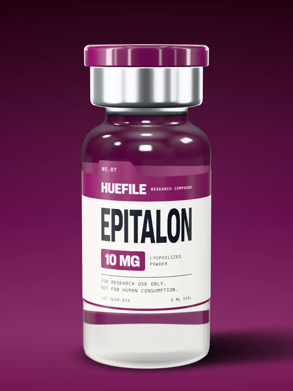 Epitalon 10 mg vial with a plum label and cap