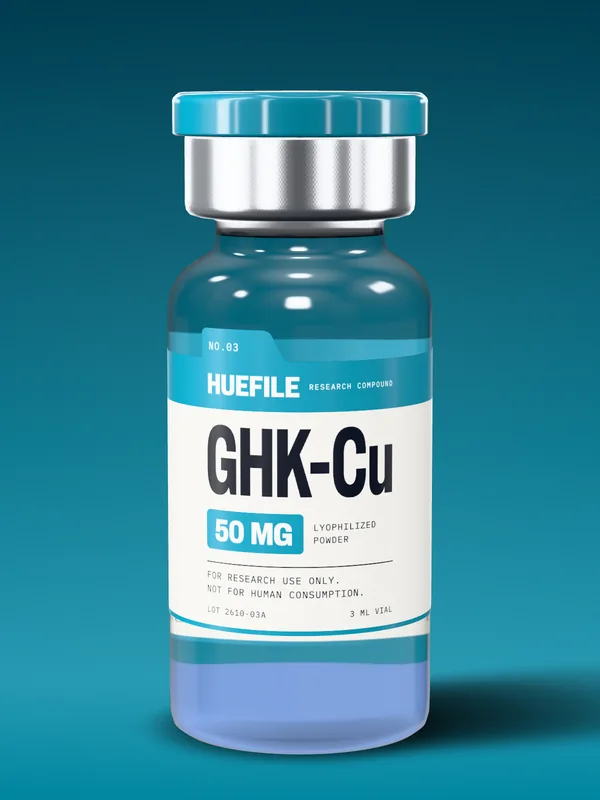 GHK-Cu 50 mg vial with a lagoon label and cap
