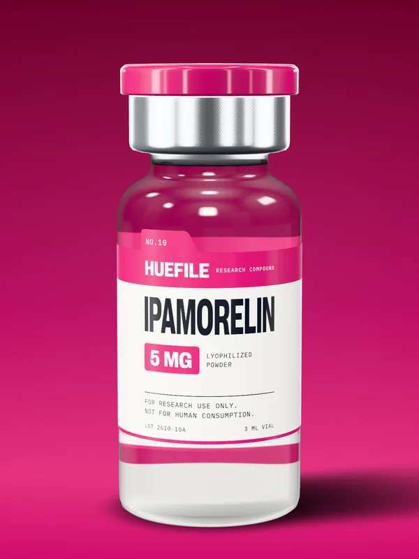 Ipamorelin 5 mg vial with a magenta label and cap