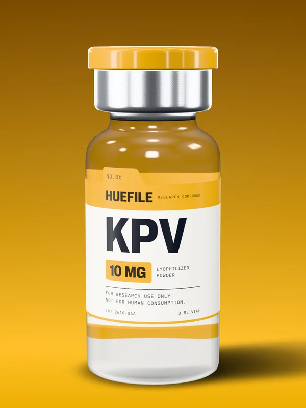 KPV 10 mg vial with a saffron label and cap