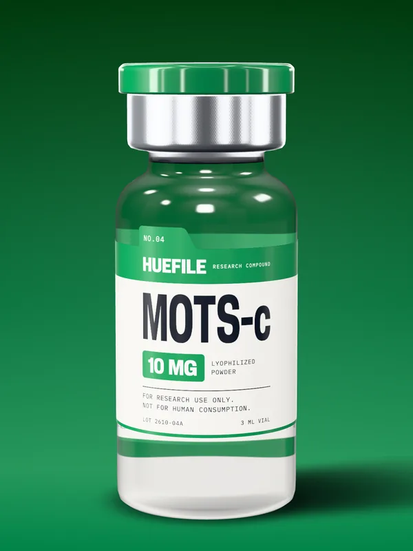 MOTS-c 10 mg vial with a emerald label and cap