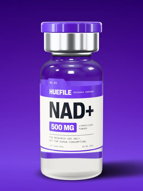 NAD+ 500 mg vial with a violet label and cap