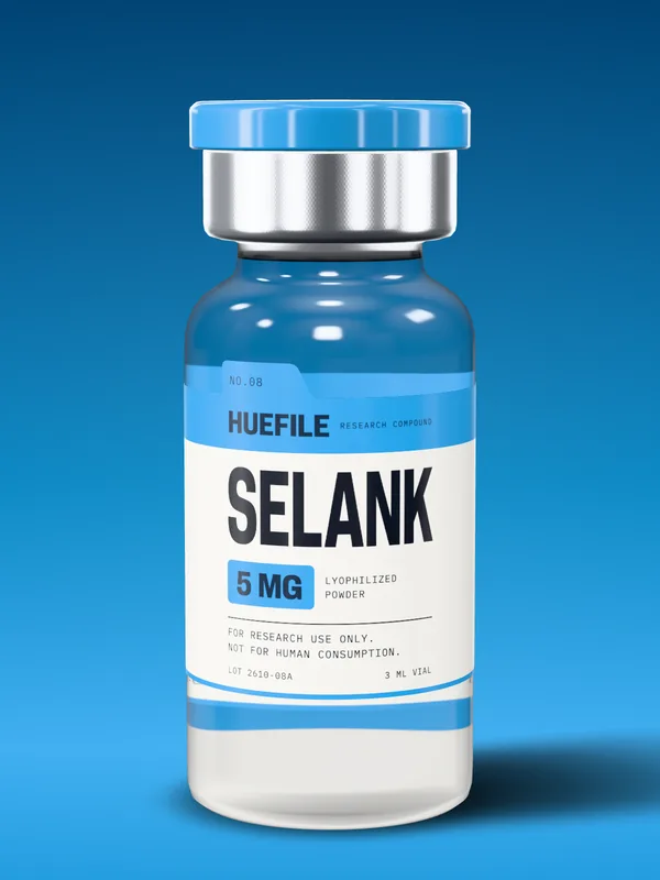 Selank 5 mg vial with a cerulean label and cap