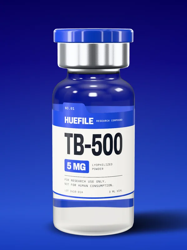 TB-500 5 mg vial with a cobalt label and cap