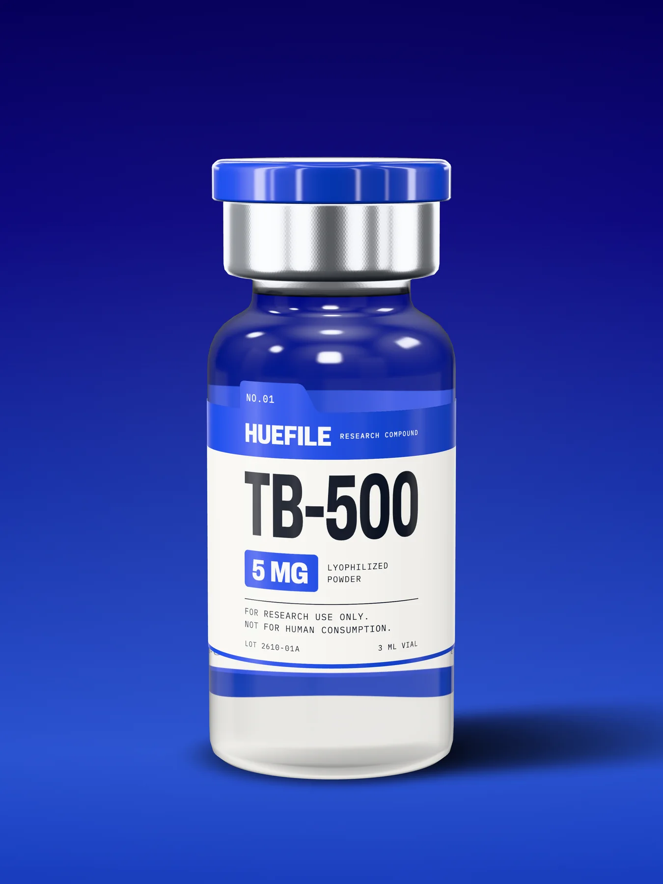 TB-500 5 mg vial with a cobalt label and cap