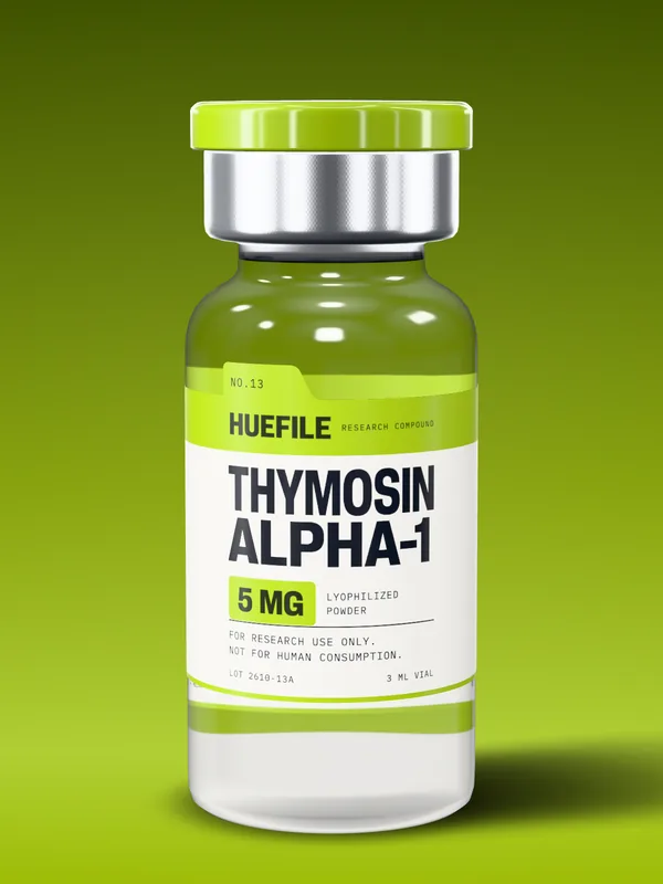 Thymosin Alpha-1 5 mg vial with a chartreuse label and cap